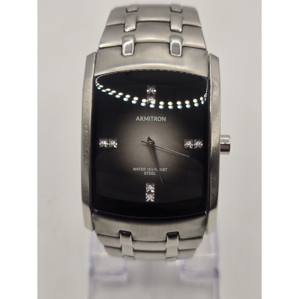 Armitron Men’s Rectangle Dress Watch Silver Tone All Stainless Black Dial WR50M